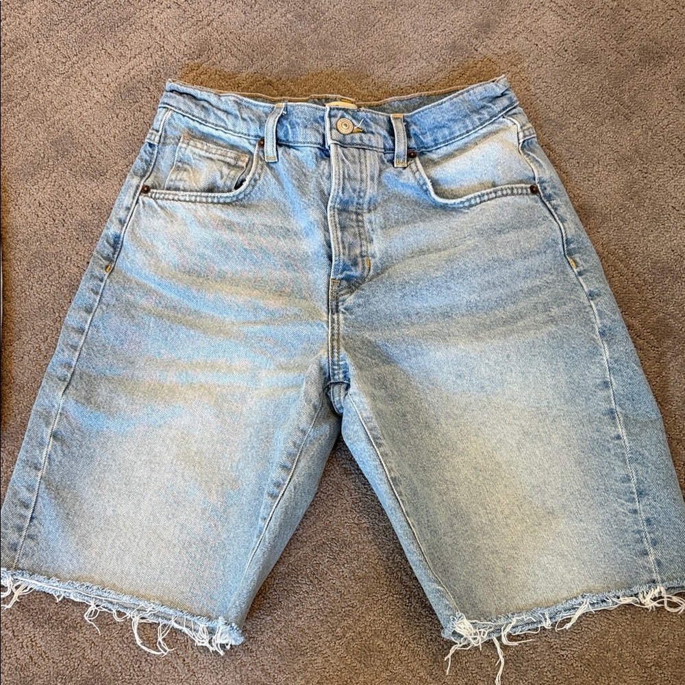 We The Free Light Blue High-Rise Distressed Denim Bermudas